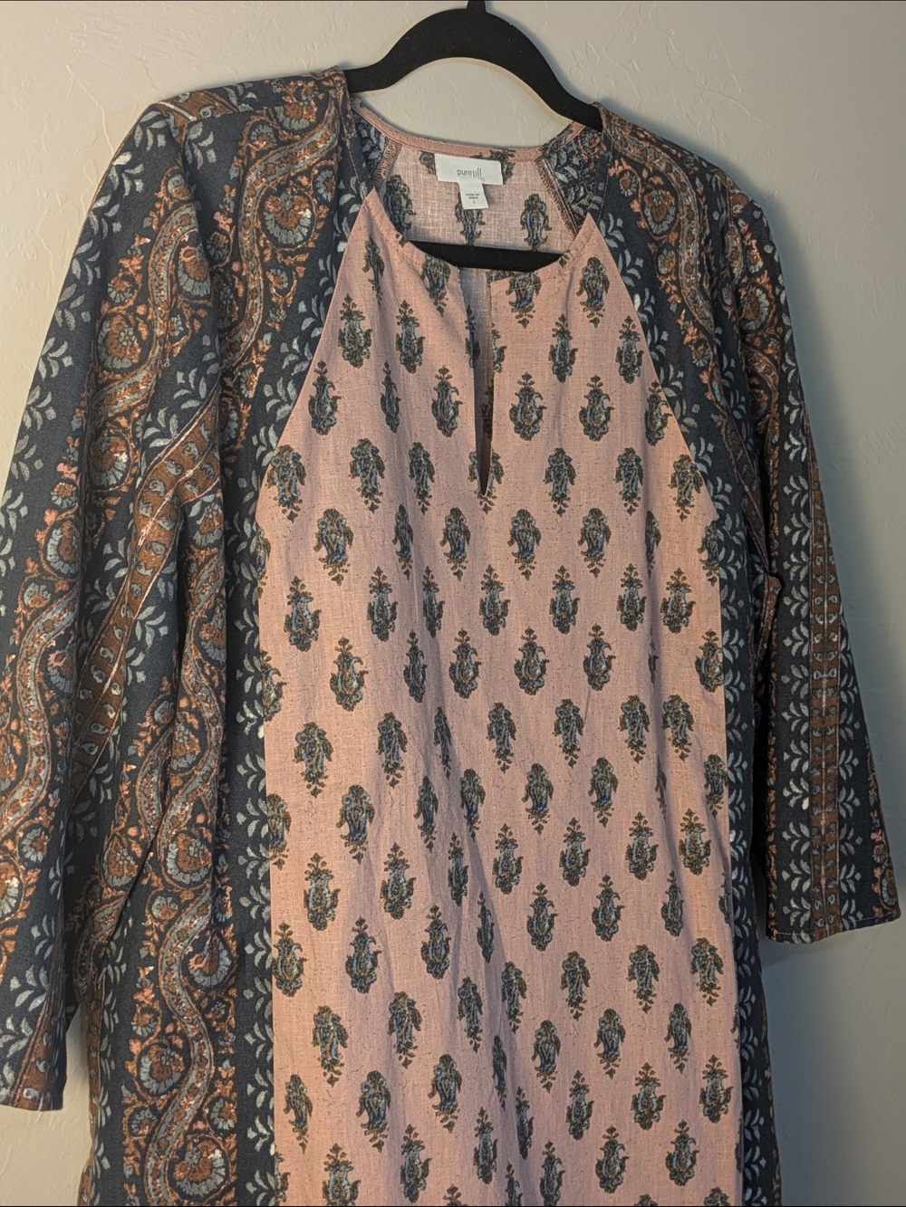 Pure Jill Linen Cotton Folkloric Stamped Tunic M Blouse Paisley Cottagecore
